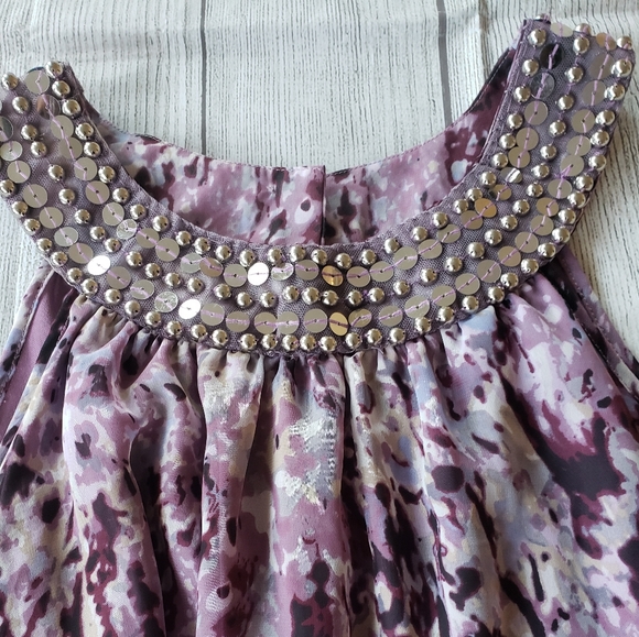 Multi colored purple lined baby doll blouse  with silver sequined neckline sz Lg - Picture 8 of 8